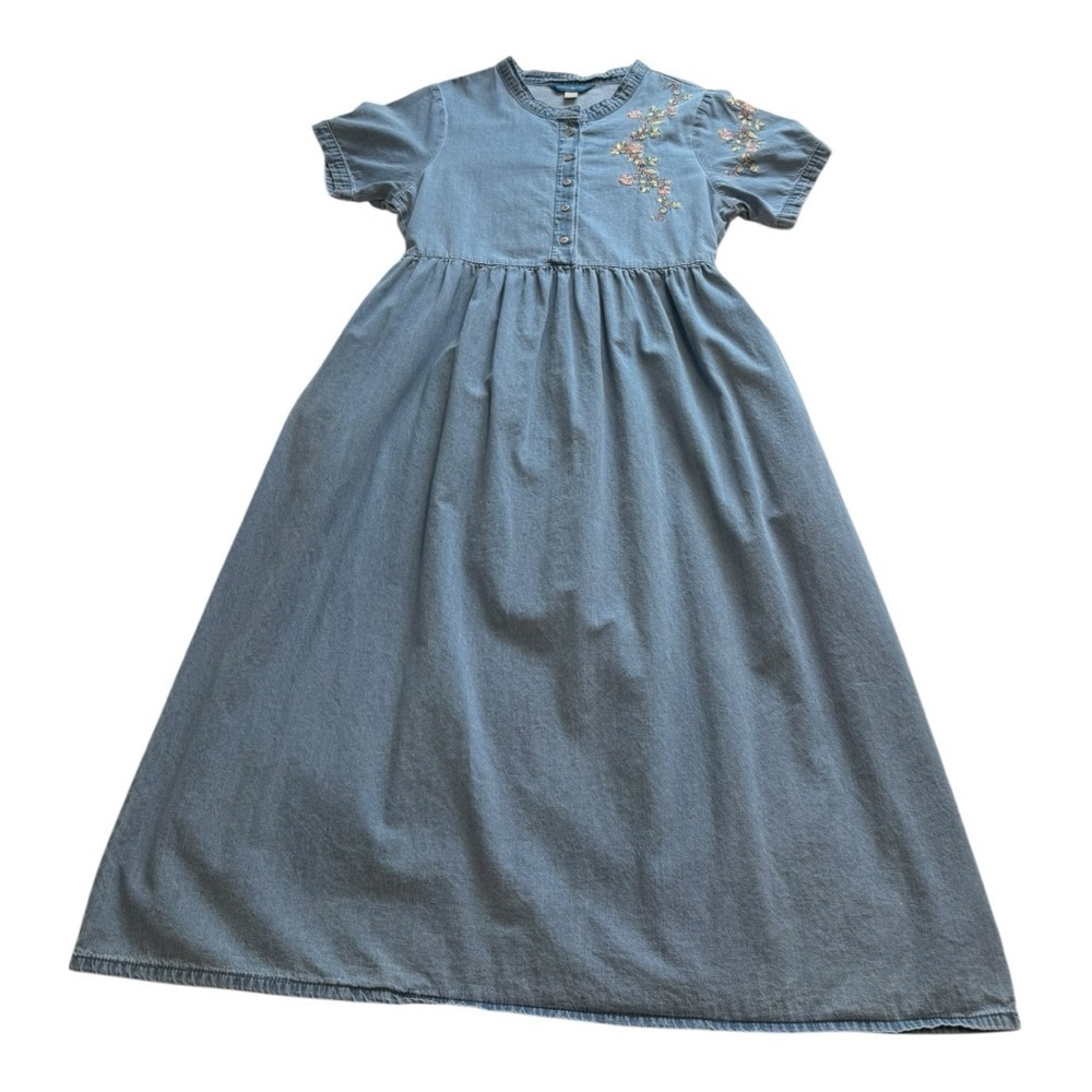 April Cornell Floral Embroidered Denim Midi Dress Cottagecore Light Wash Size L - Picture 4 of 14